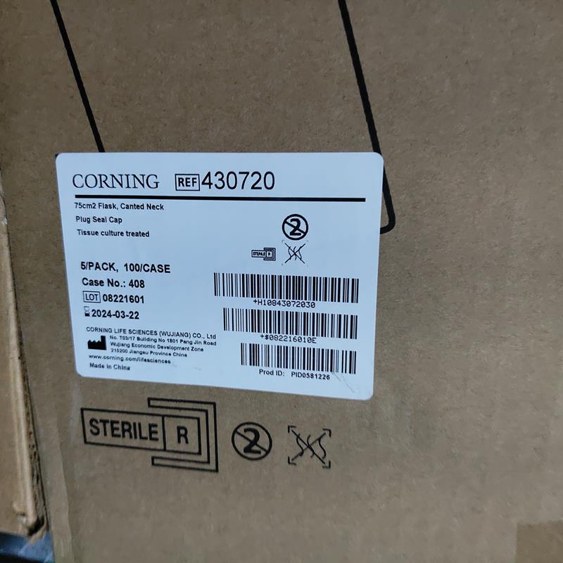 Corning® 75cm² U形斜颈细胞培养瓶，带密封盖 Corning® 75 cm2 cell culture canted neck flask, anti-tip skirt, plug seal cap